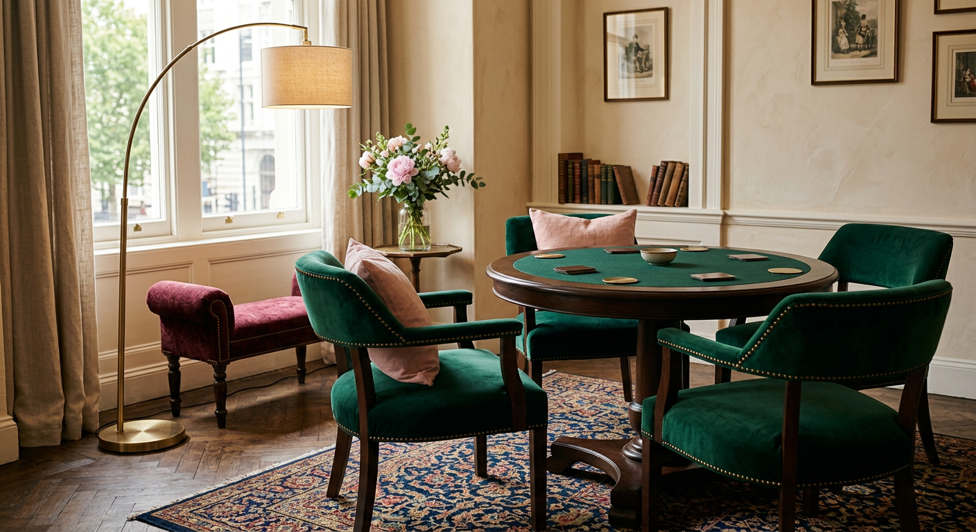Emerald velvet armchairs around a felt game table in a softly lit boutique lounge